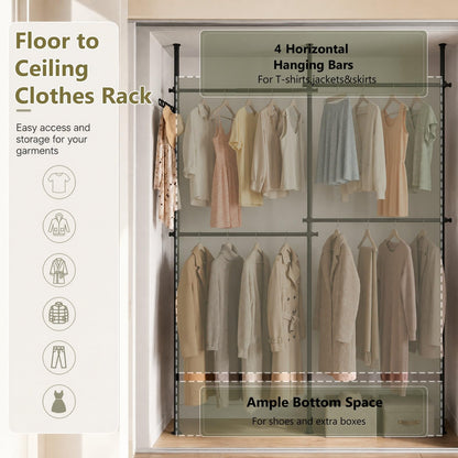 Adjustable Floor to Ceiling Clothes Rack with 2 Hanging Rods Folding Drying Rack and Reacher Pole