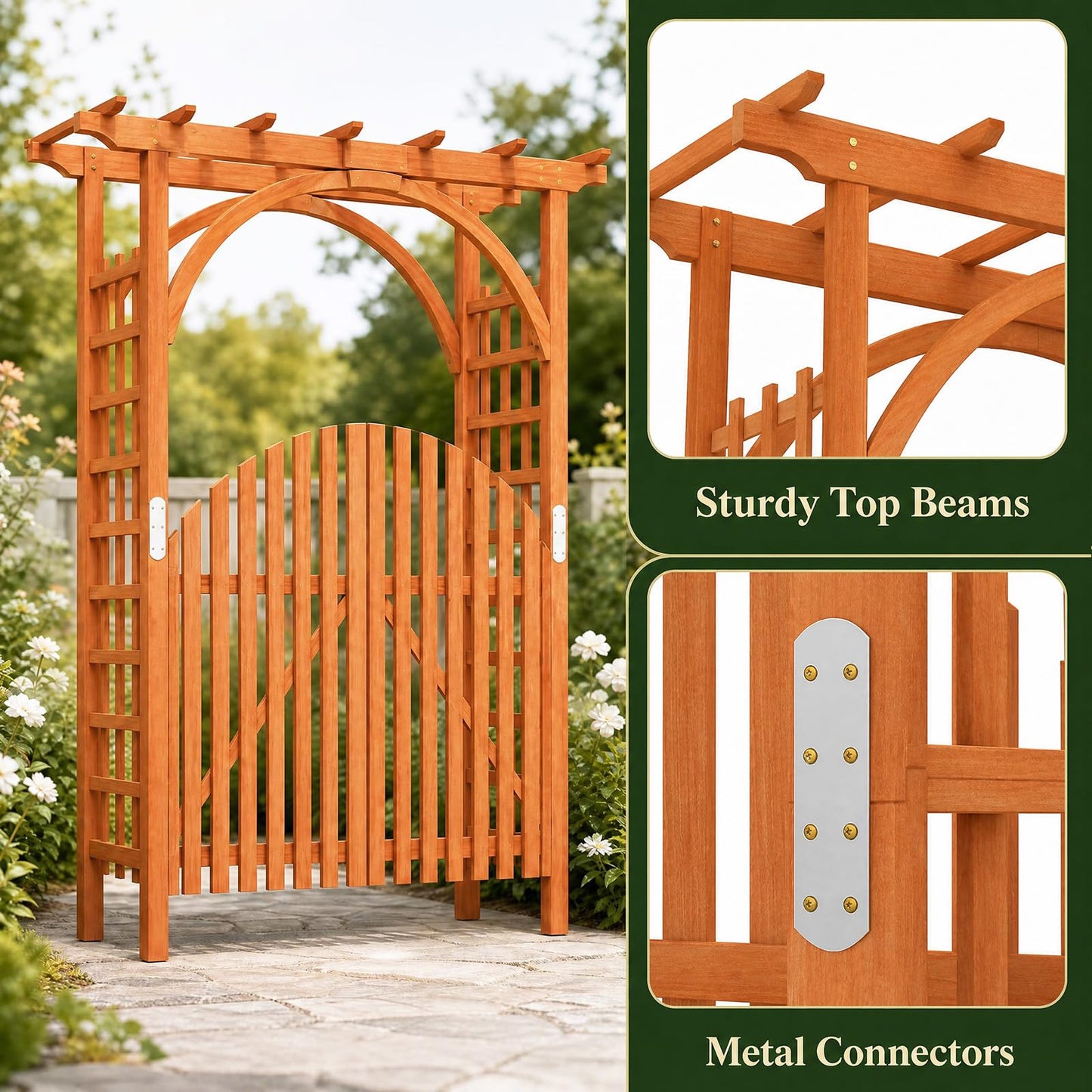 Wooden Garden Arch with Gate, Trellis Panels & Lockable Doors