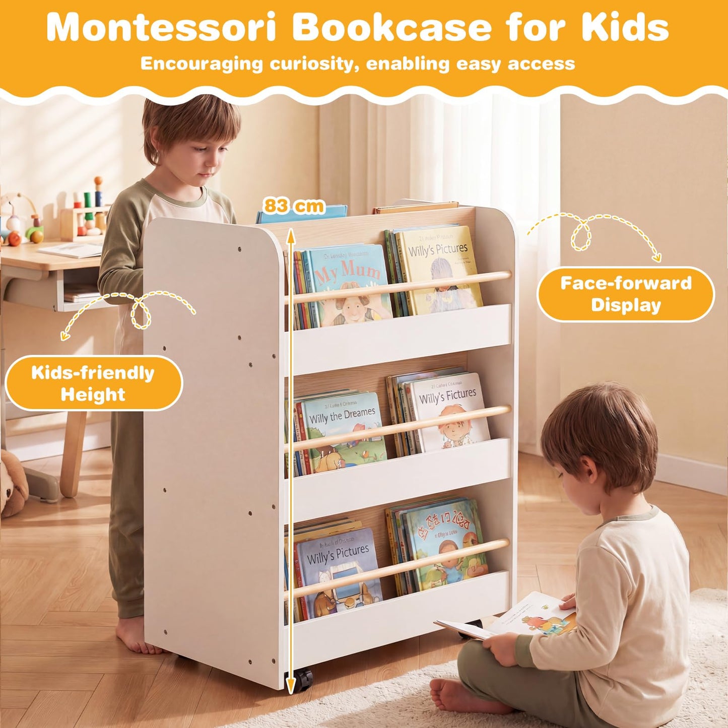 3-Tier Bookshelf for Kids with Wheels Double-sided Book Display