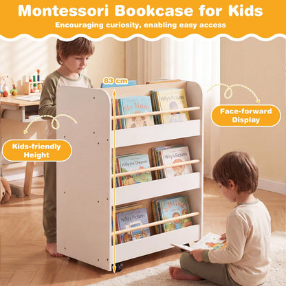 3-Tier Bookshelf for Kids with Wheels Double-sided Book Display