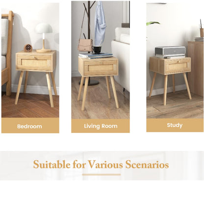 Boho Bedside Table with Hand-woven Rattan Decoration