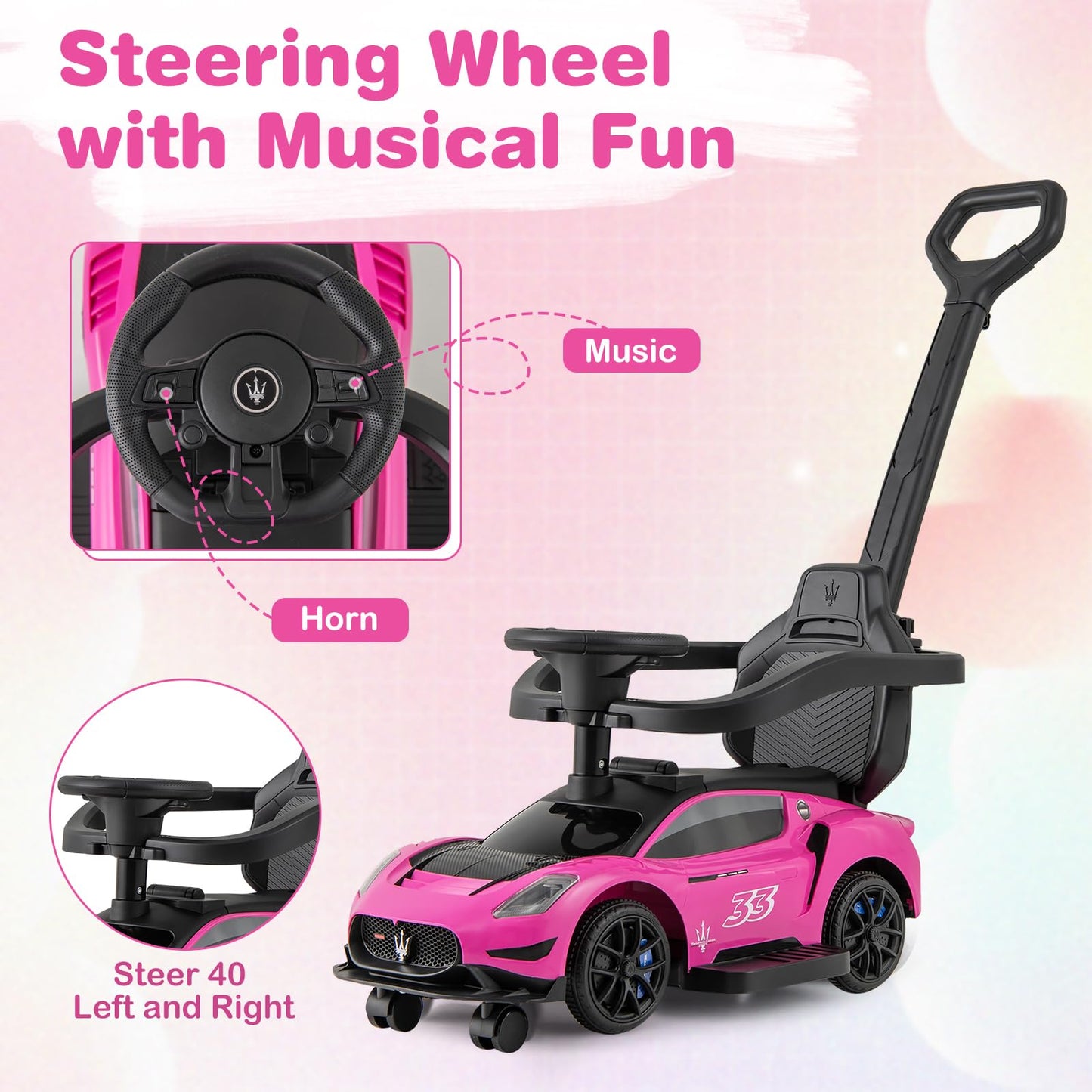 3-in-1 Ride on Push Car with 2 Universal Wheels, Music Steering, Guardrail and Handlebar