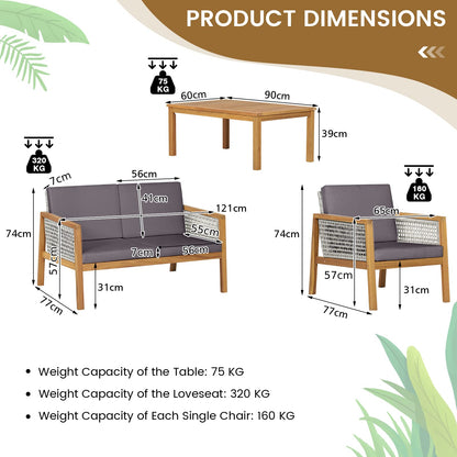 Acacia Wood Rattan Patio Conversation Set with Loveseat