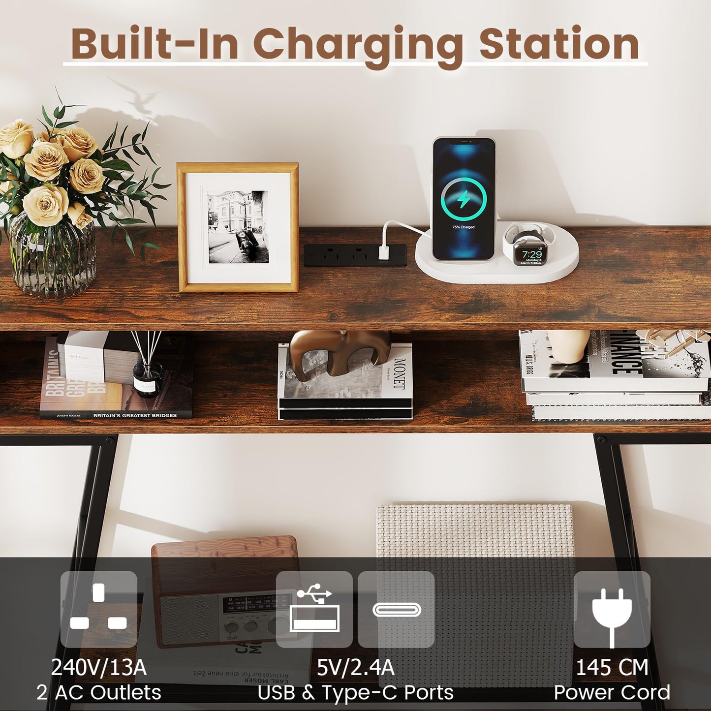 Console Table with LED Lights and Charging Station, 3-Tier Narrow Entryway Table with Storage Shelves