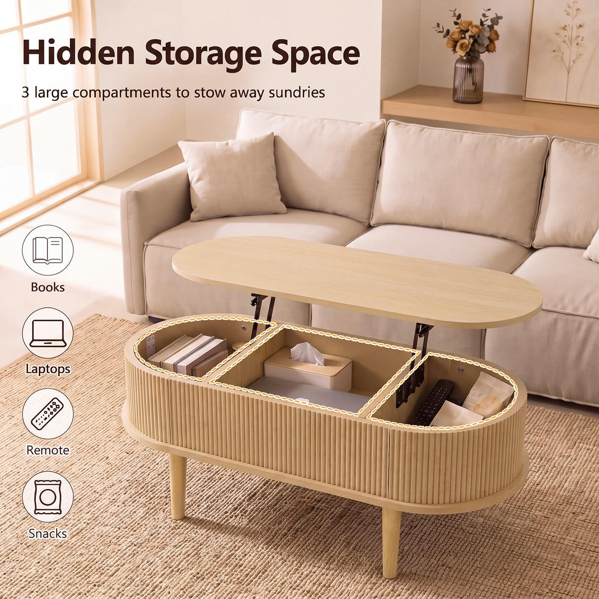 Oval Lift Top Coffee Table with Storage Fluted Design and Raised Wood Feet