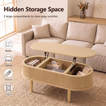 Oval Lift Top Coffee Table with Storage Fluted Design and Raised Wood Feet