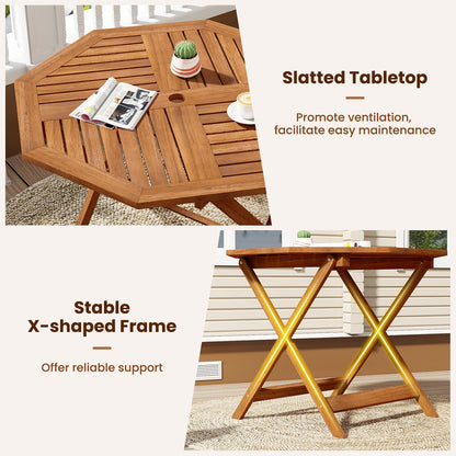 90cm Outdoor Dining Table, Solid Wood Garden Table with Umbrella Hole