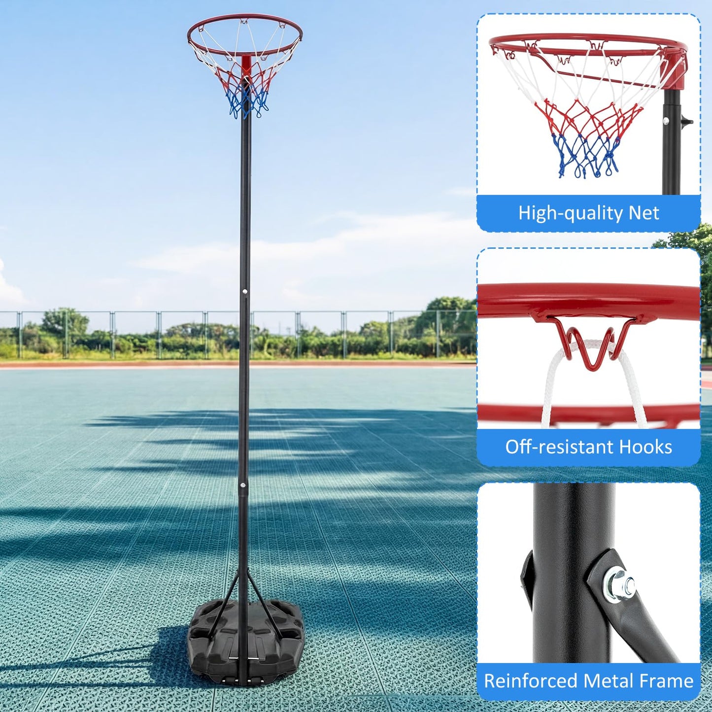 305 cm Portable Netball Post with Fillable Base and 10-Level Adjustable Height