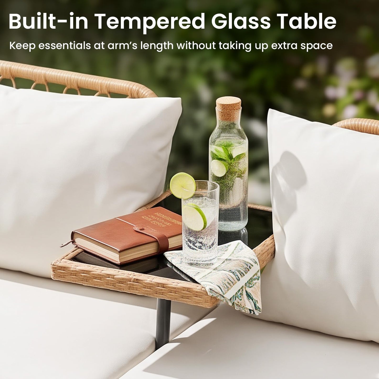 Rattan Jack and Jill Seat with Built-In Table and Cushions for Patio Balcony