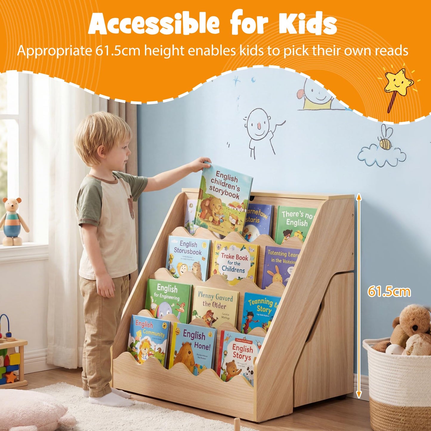 Kids Bookshelf, Wooden Toddler Book Toy Storage Organizer