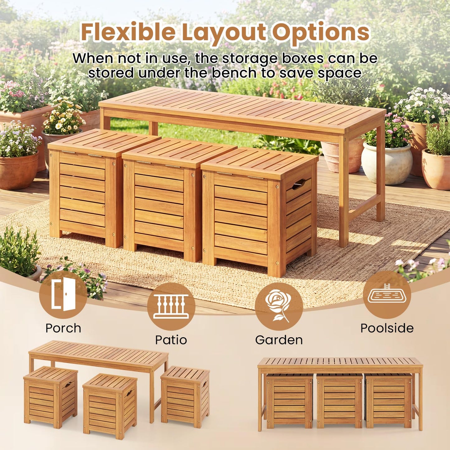 4-Piece Garden Bench and Storage Box Set, Acacia Wood Backless Patio Bench and Deck Boxes