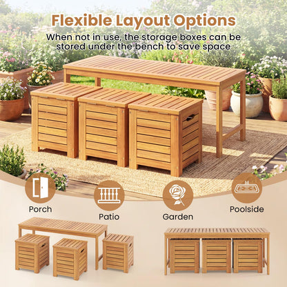 4-Piece Garden Bench and Storage Box Set, Acacia Wood Backless Patio Bench and Deck Boxes