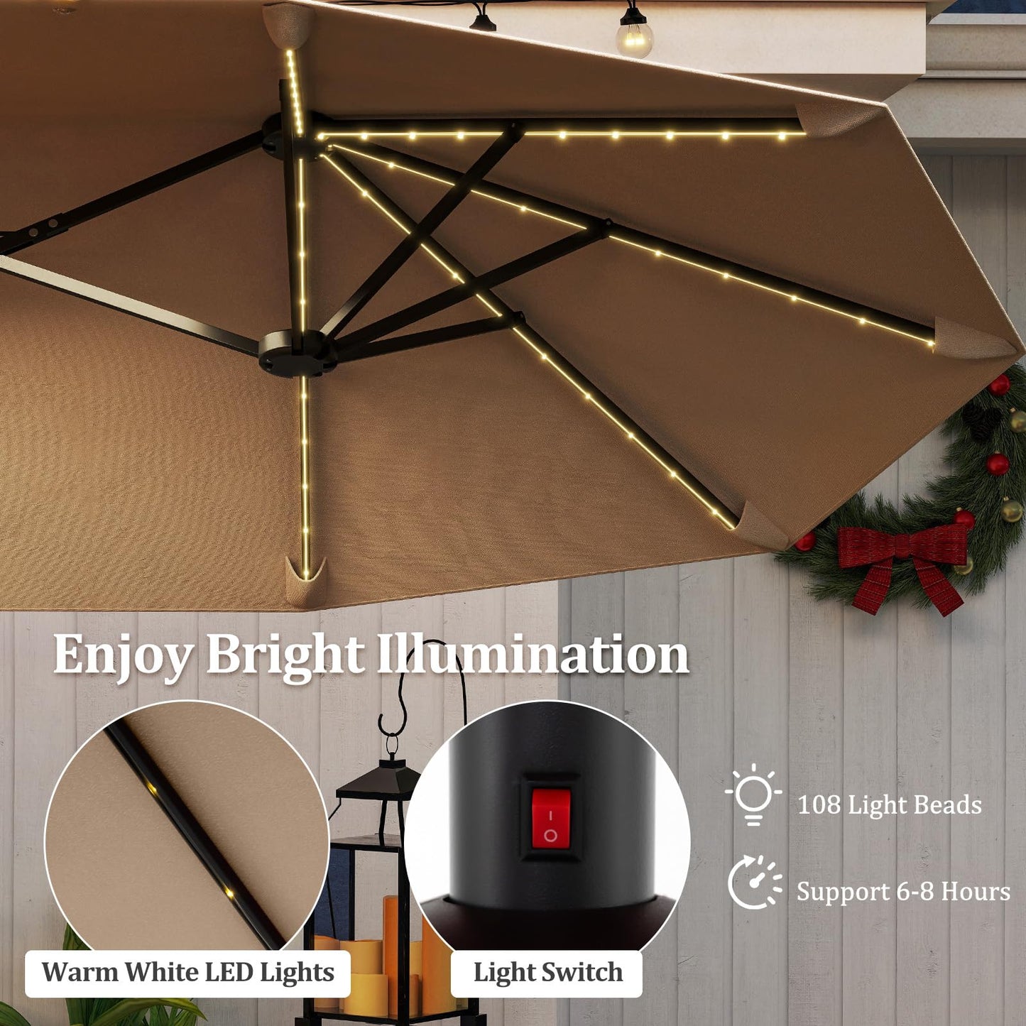 12 Heavy Duty Ribs Extra Large Sun Umbrella with 108 LED Solar Lights and Crank Handle