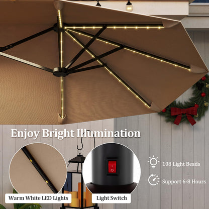 12 Heavy Duty Ribs Extra Large Sun Umbrella with 108 LED Solar Lights and Crank Handle