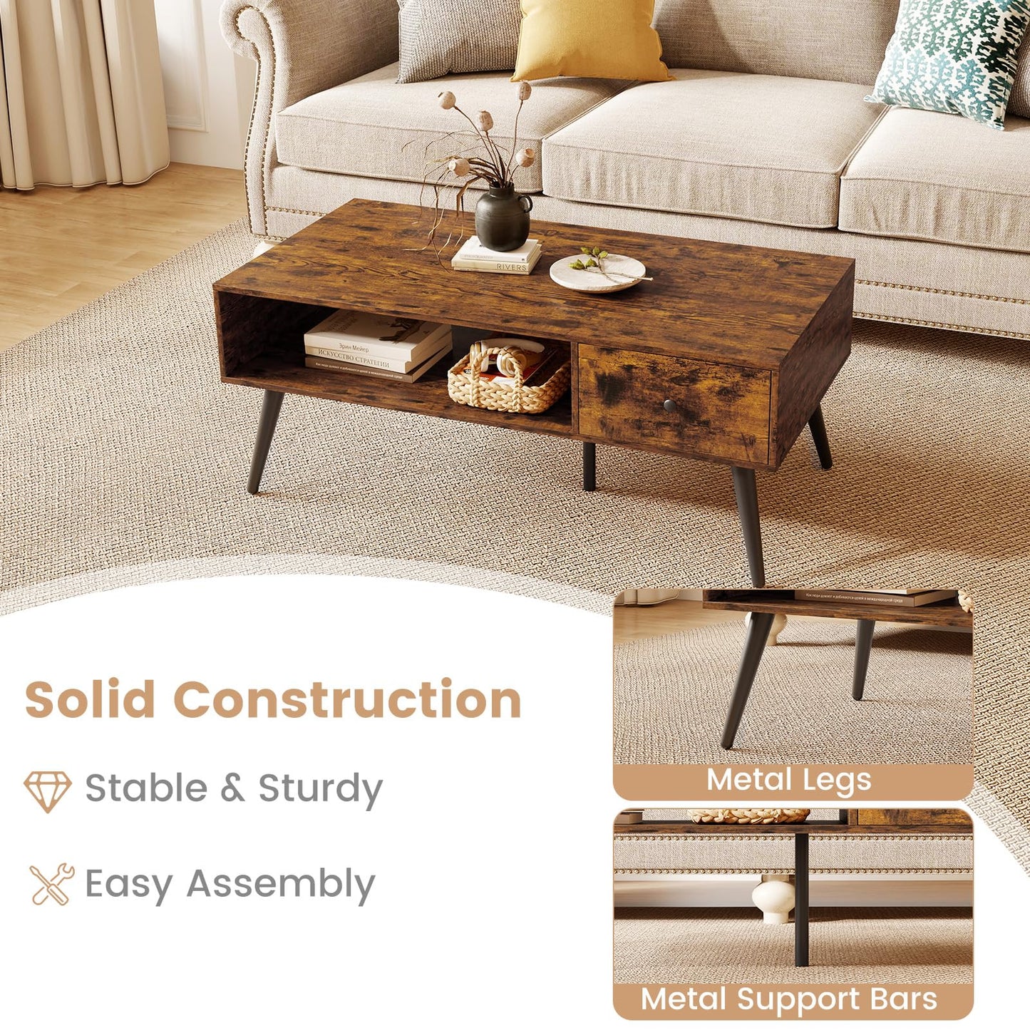 109cm Rectangular Wooden Coffee Table with Drawer and Storage Shelf