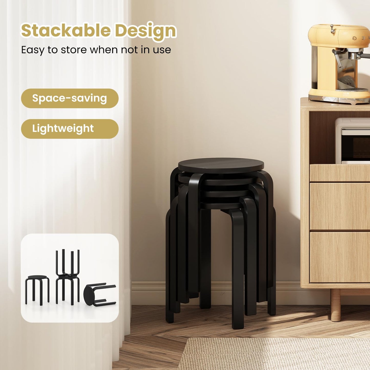 Set of 4 Stacking Wooden Stools, Upholstered Round Bar Stool with Non-Slip Foot Mat, Breakfast Dining Chair for Home Kitchen Office