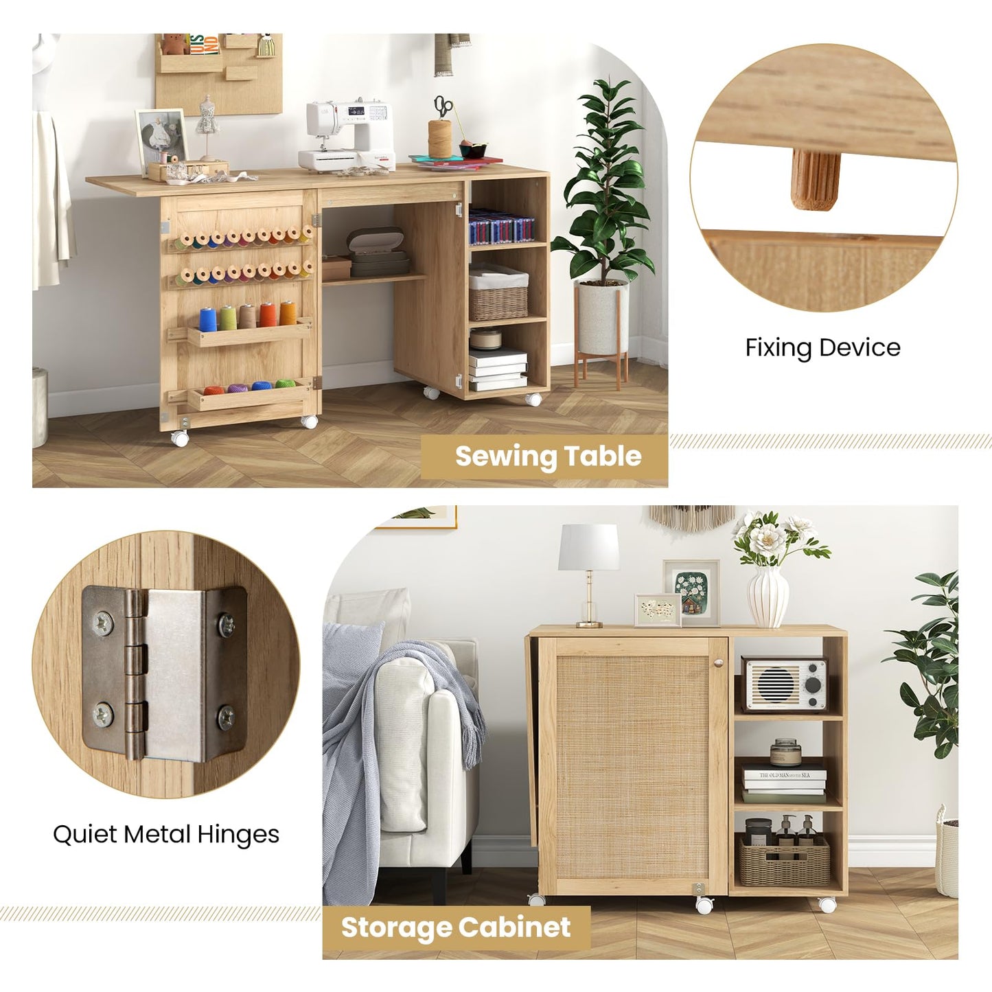 Folding Sewing Table, Mobile Craft Table with Rattan Door