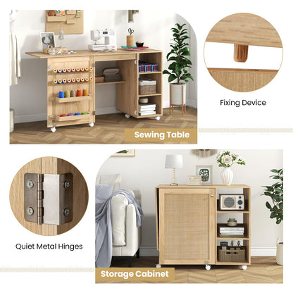 Folding Sewing Table, Mobile Craft Table with Rattan Door