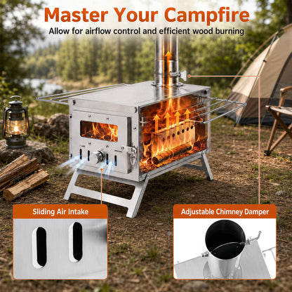 Hot Tent Stove, Camping Tent Stove (Silver, 45 x 37 x 219cm) | Stainless Steel Wood Burning Stove