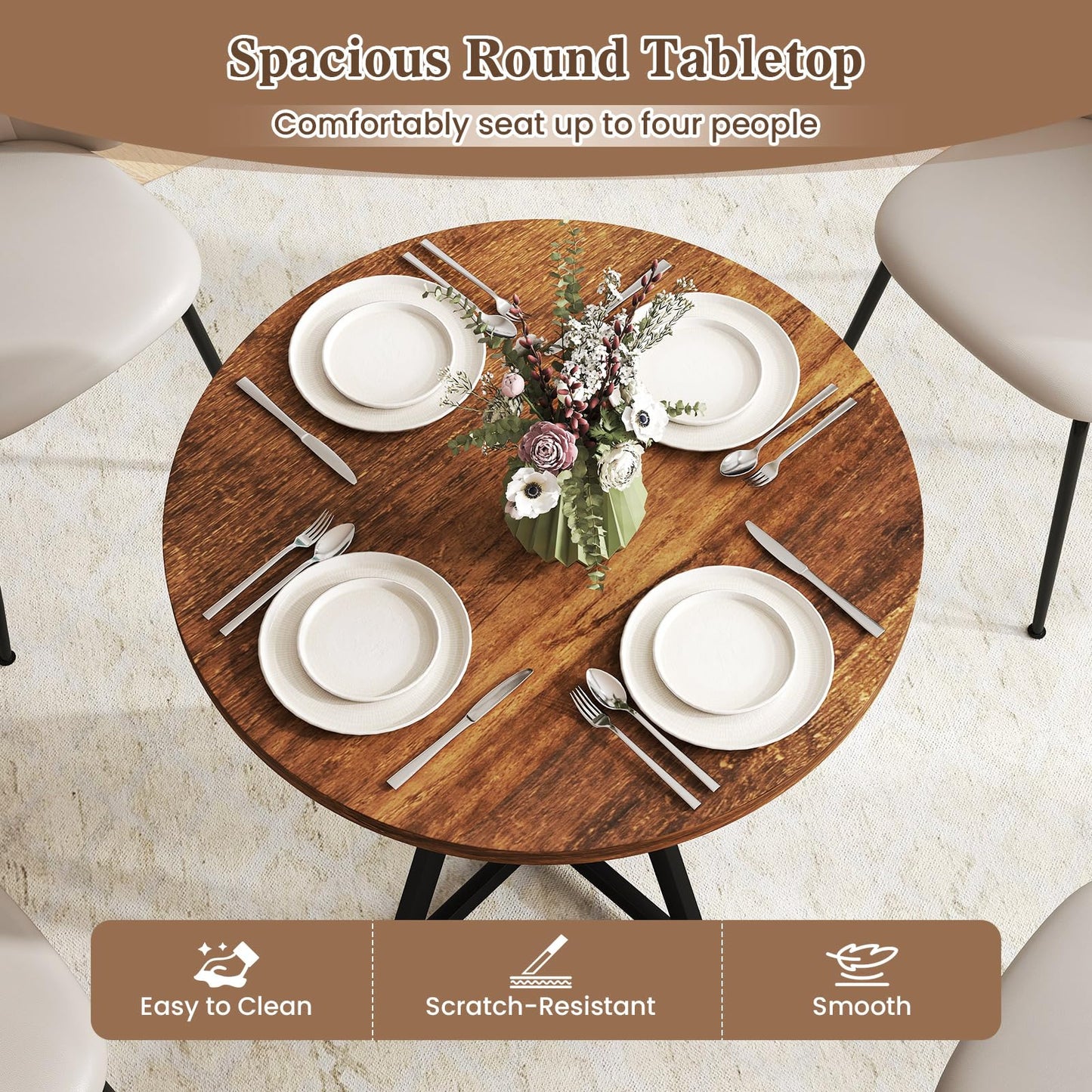 80cm Round Dining Table with Metal Pedestal Base and Adjustable Foot Pads