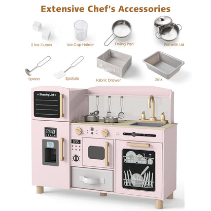 Wooden Kids Play Kitchen with Ice Maker and Fabric Drawer