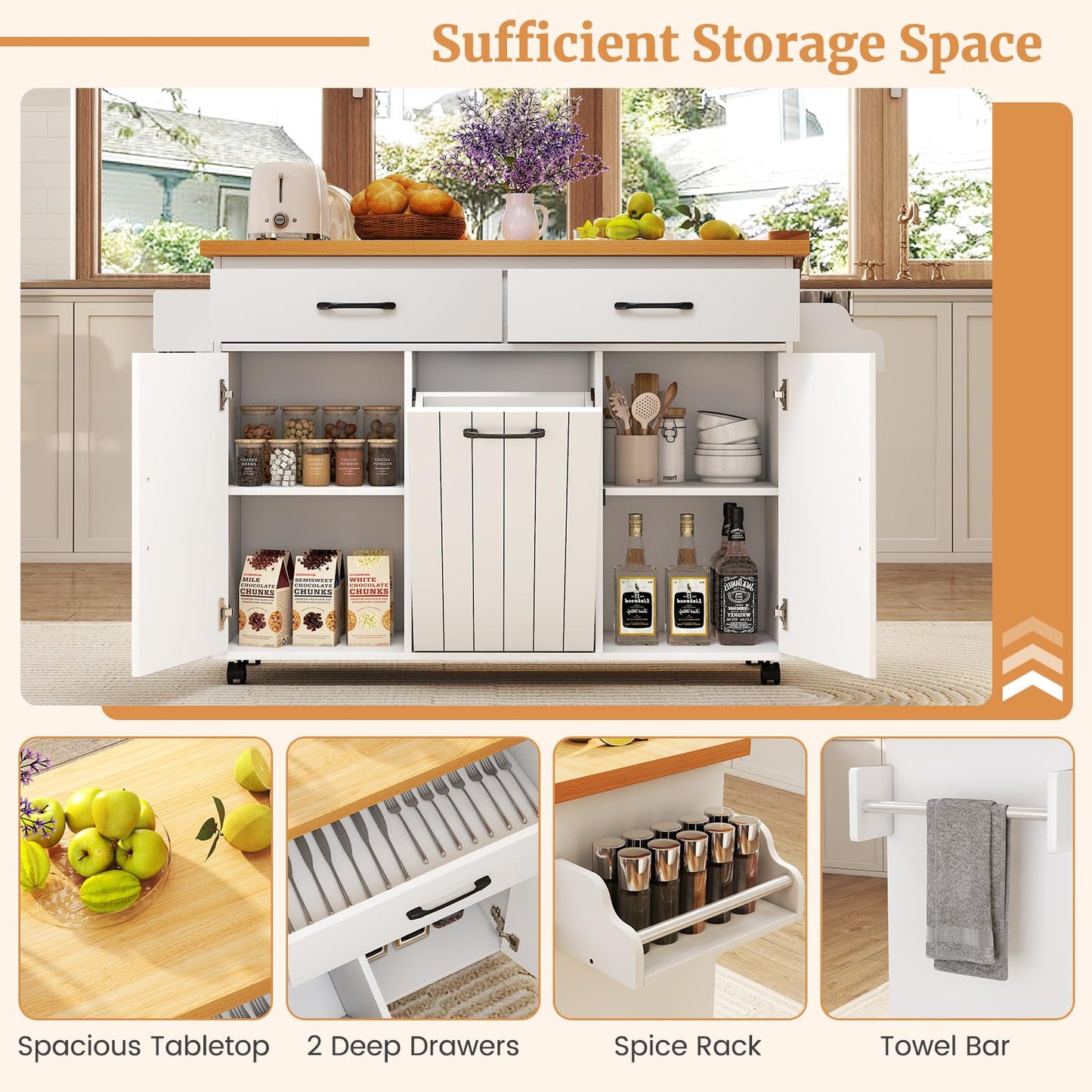 Mobile Kitchen Island with Trash Can Storage with 2 Drawers