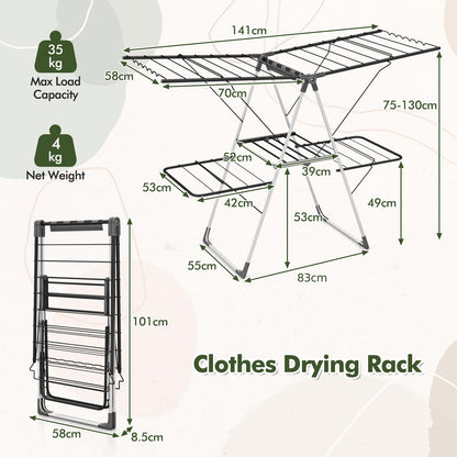2-Level Foldable Clothes Airer Dryer Horse with Height-Adjustable Wings