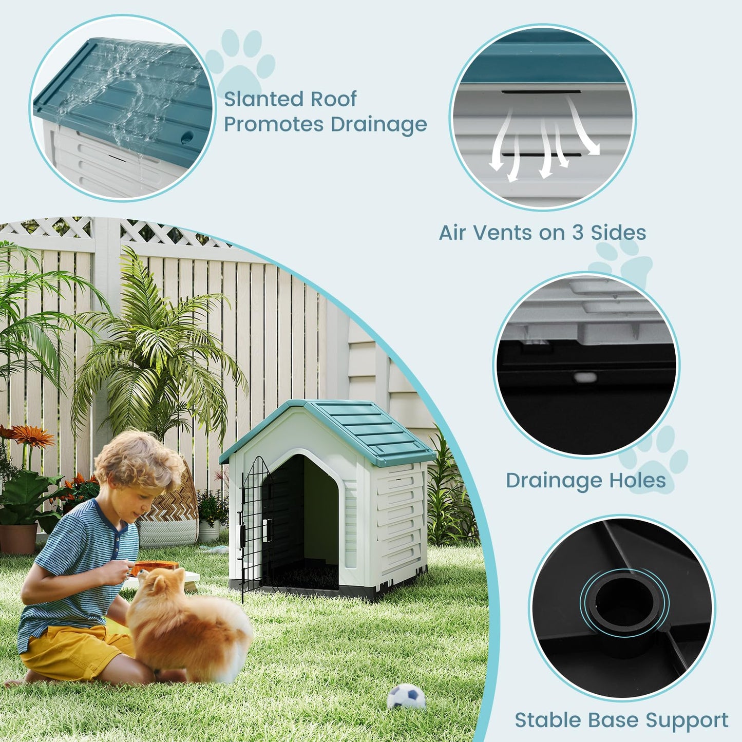 Plastic Dog House, Indoor Outdoor Pet Shelter with Metal Lockable Door