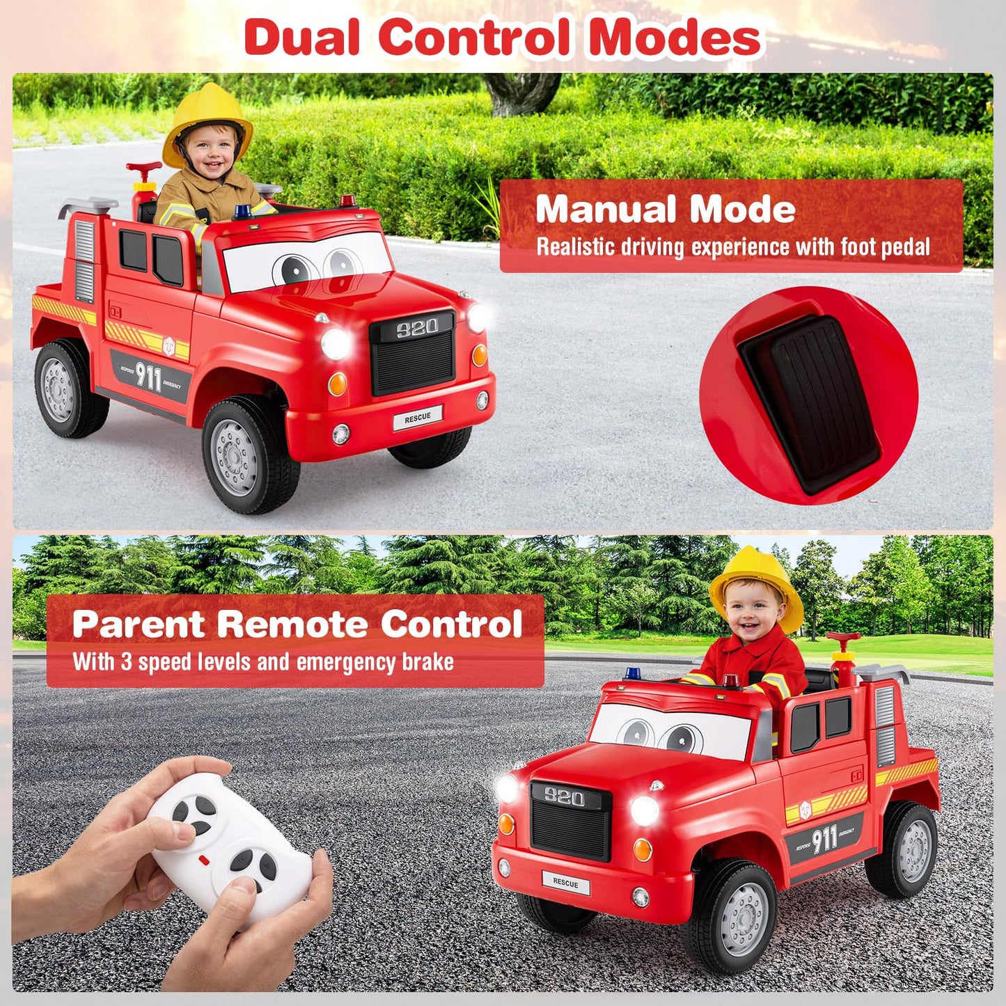 12V Ride on Fire Truck, Kids Electric Car with Remote Control