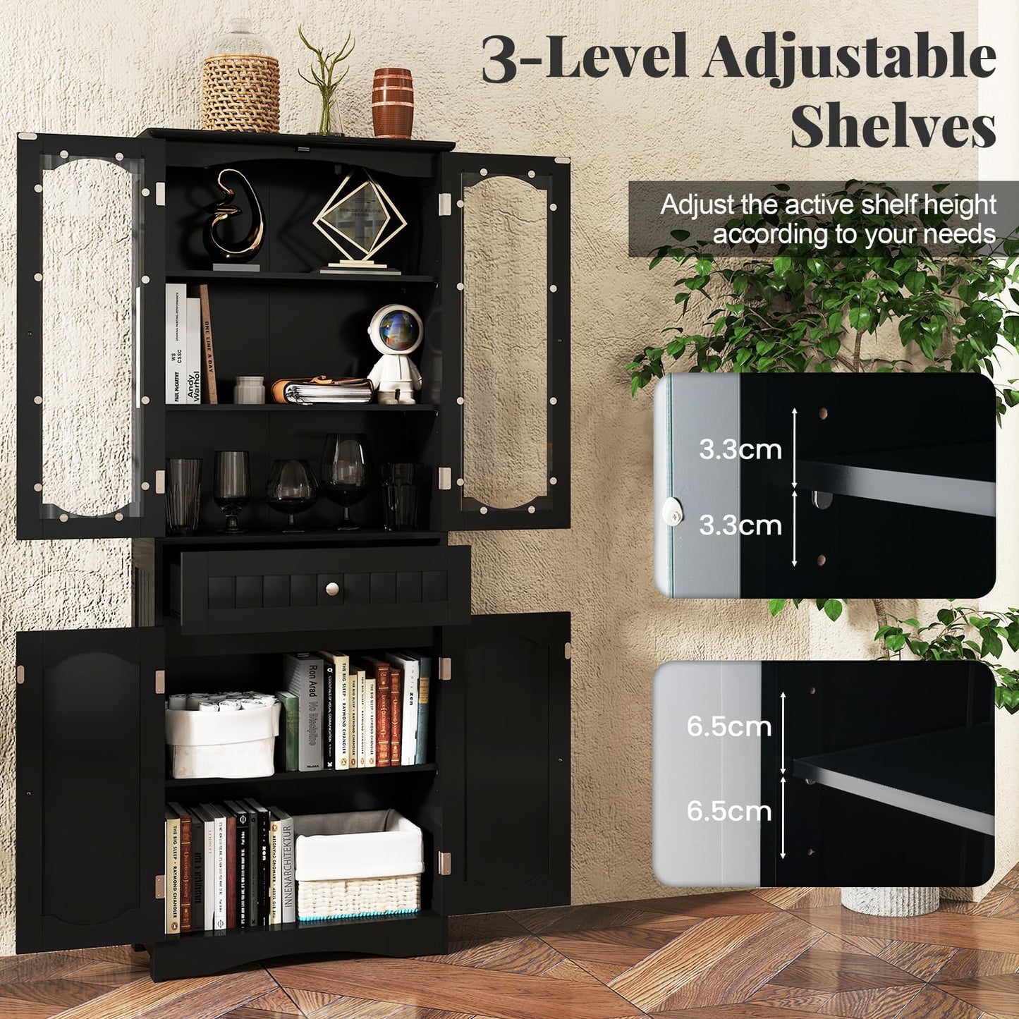 160cm Freestanding Linen Tall Bathroom Storage Cabinet with 2 Glass Doors