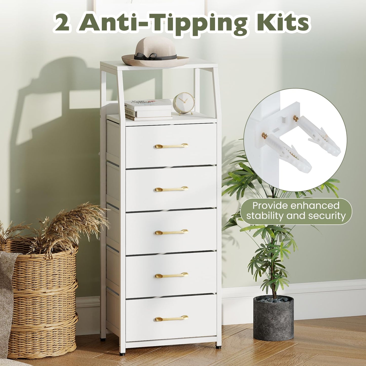 5-Drawer Storage Cabinet with Detachable Foldable Fabric Drawers and Anti-Tipping Kits