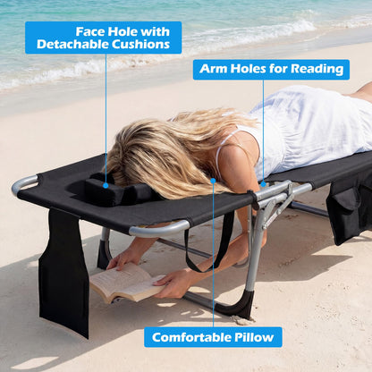 Folding Sun Lounger with Face Hole, 4-Position Adjustable Outdoor Chaise Lounge Chair