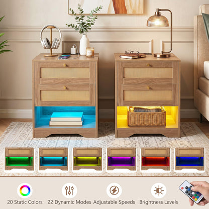 Rattan Bedside Table with Charging Station and LED Lights, Boho Nightstand End Sofa Side Table