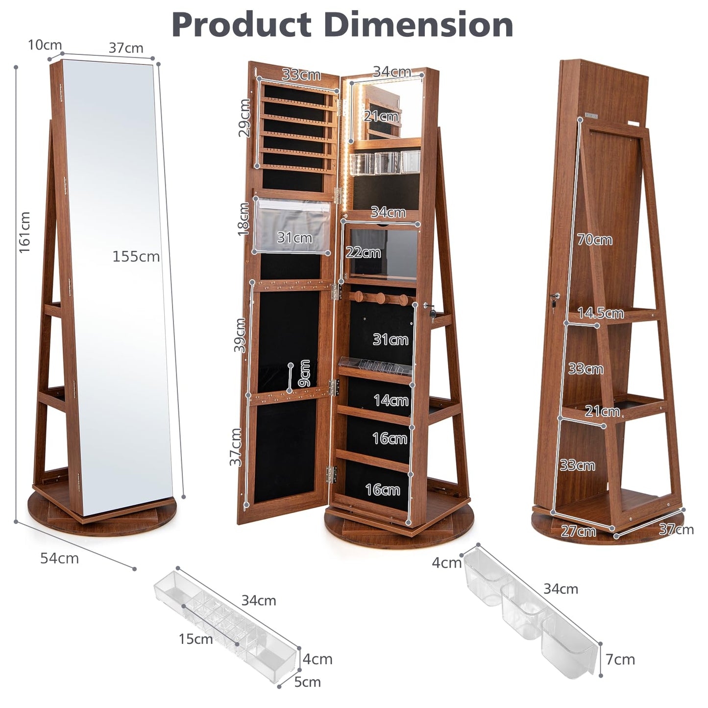 360 Degree Mirrored Jewelry Armoire with 3 Color Auto on LED Lights