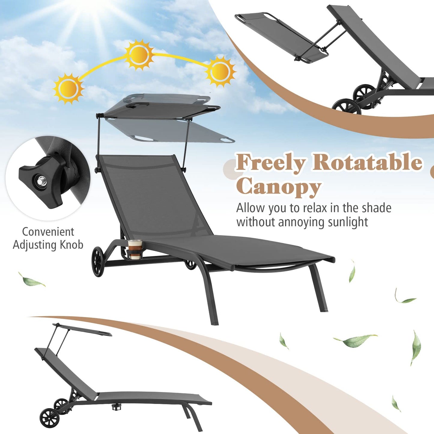 Adjustable Chaise Lounge Deck Sunbed with Rotatable Canopy and Cup Holder
