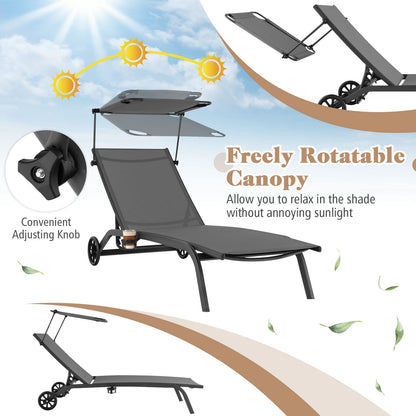 Adjustable Chaise Lounge Deck Sunbed with Rotatable Canopy and Cup Holder