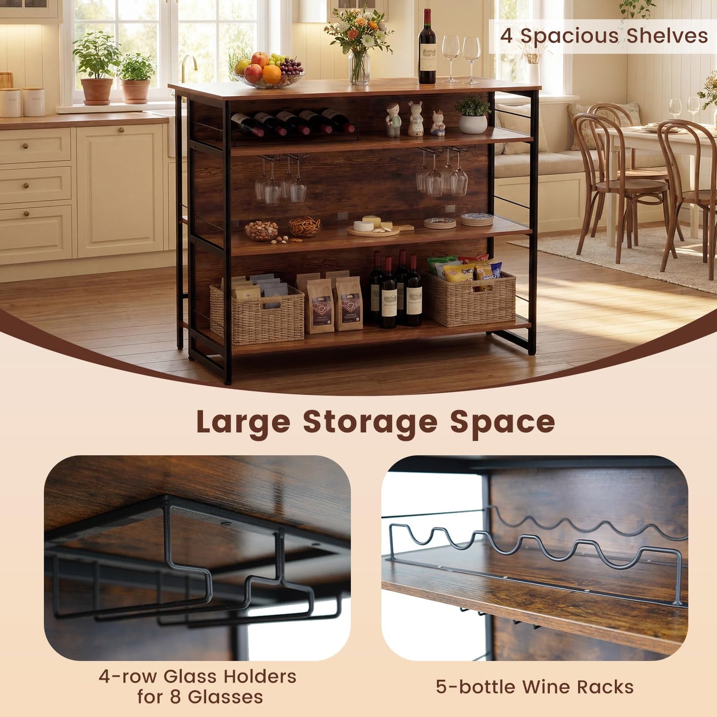 2-in-1 Home Bar Unit with 4 Shelves and Glass Holders and Wine Racks