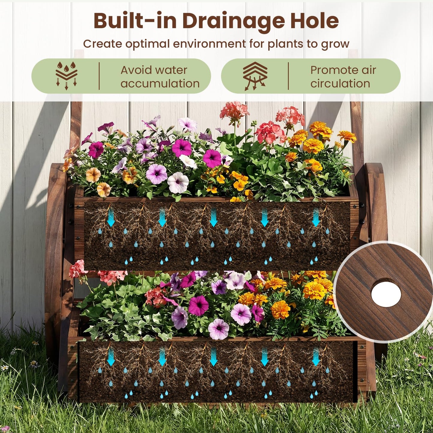 Wood Wagon Planter Box, 2-Tier Rustic Raised Garden Bed with Drainage Holes