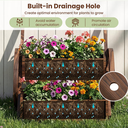 Wood Wagon Planter Box, 2-Tier Rustic Raised Garden Bed with Drainage Holes