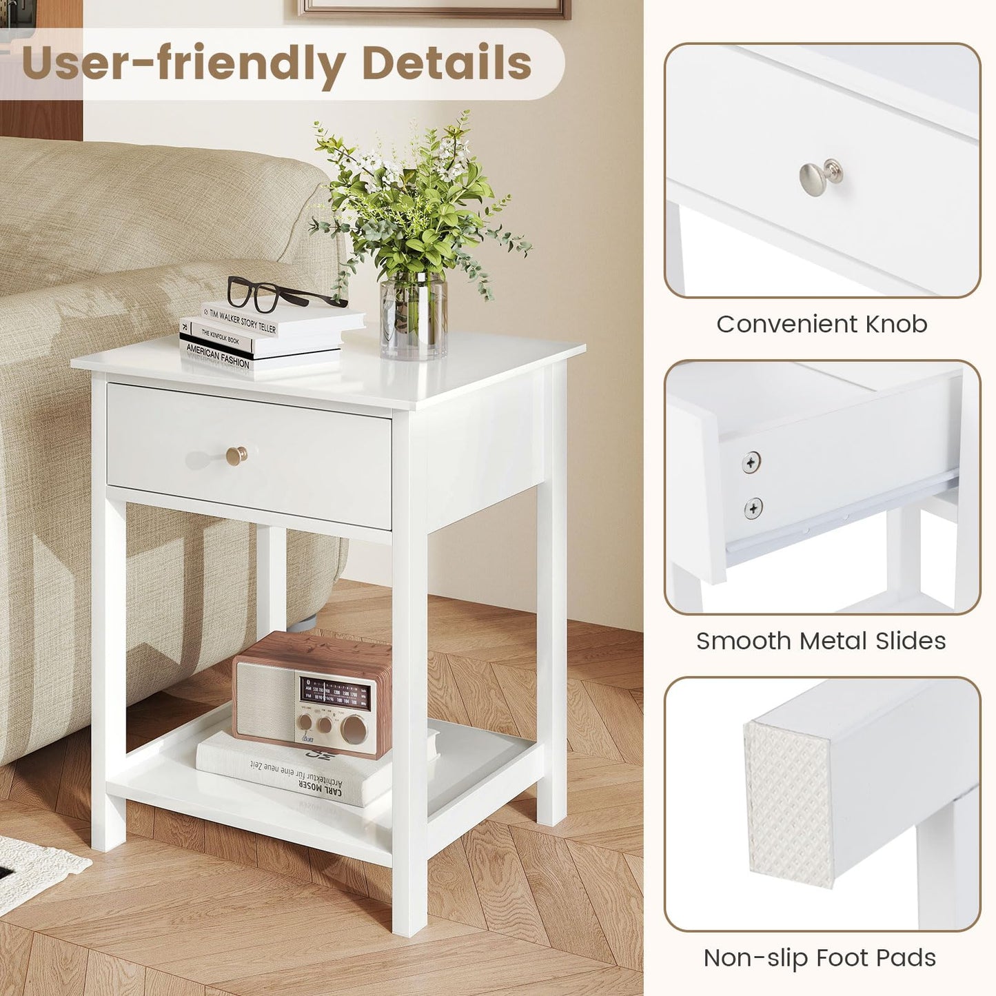 1/2 Pieces Wooden Nightstand with Drawer and Storage Shelf