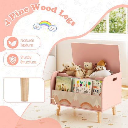 Wooden Toy Box, Kids Storage Chest with Flip-top Lid, Front Bookshelf