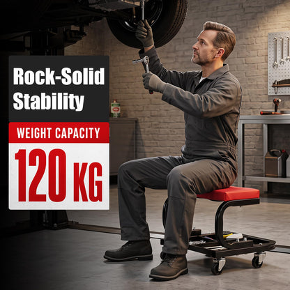 Rolling Mechanic Stool with Padded Seat, Tool Tray and 4 Wheels