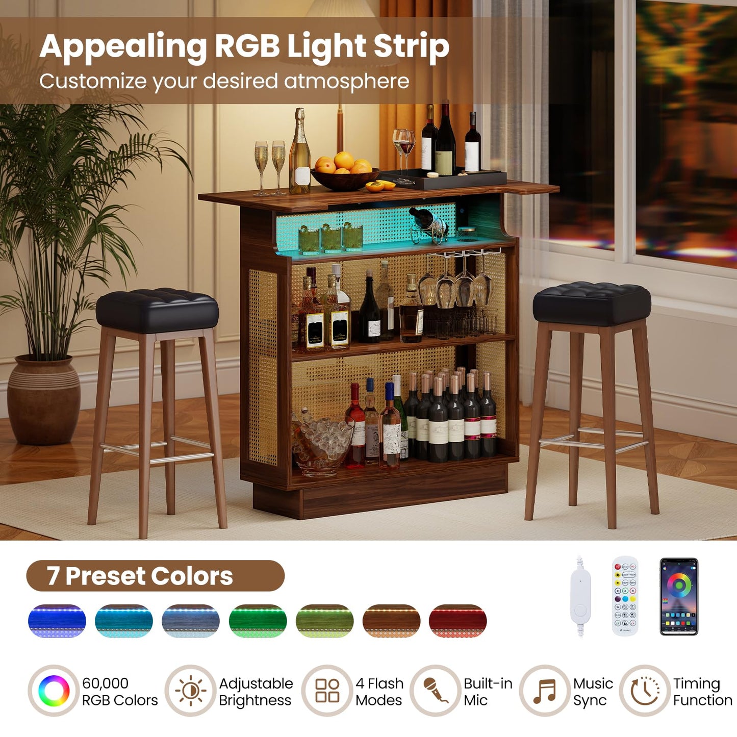 Bar Table, 4-Tier Rattan Bar Cabinet with RGB LED Light