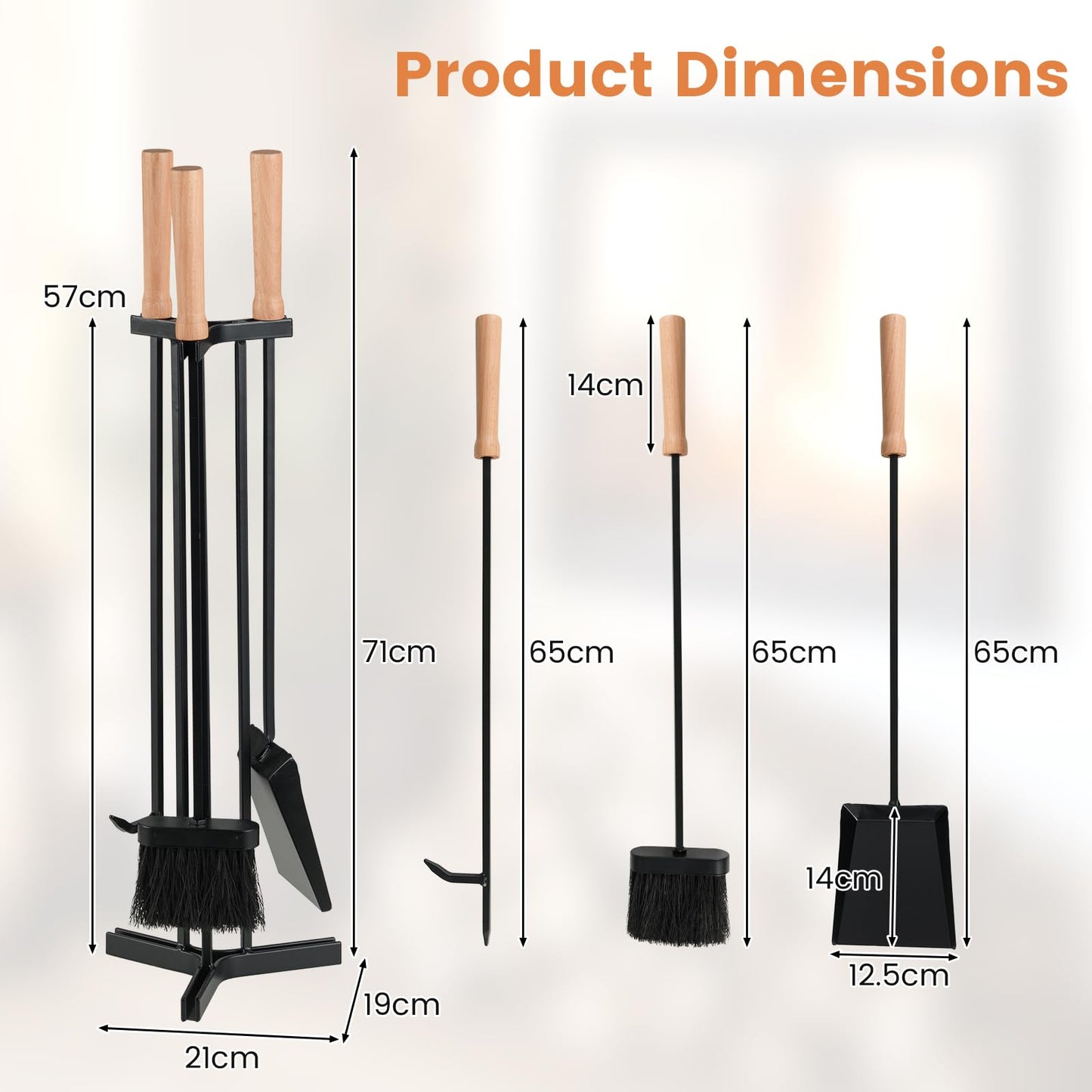 4-Piece Metal Fireplace Tools Set with Wood Handle and Base Stand Holder