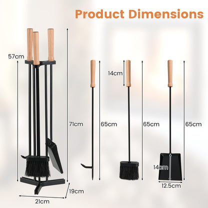 4-Piece Metal Fireplace Tools Set with Wood Handle and Base Stand Holder