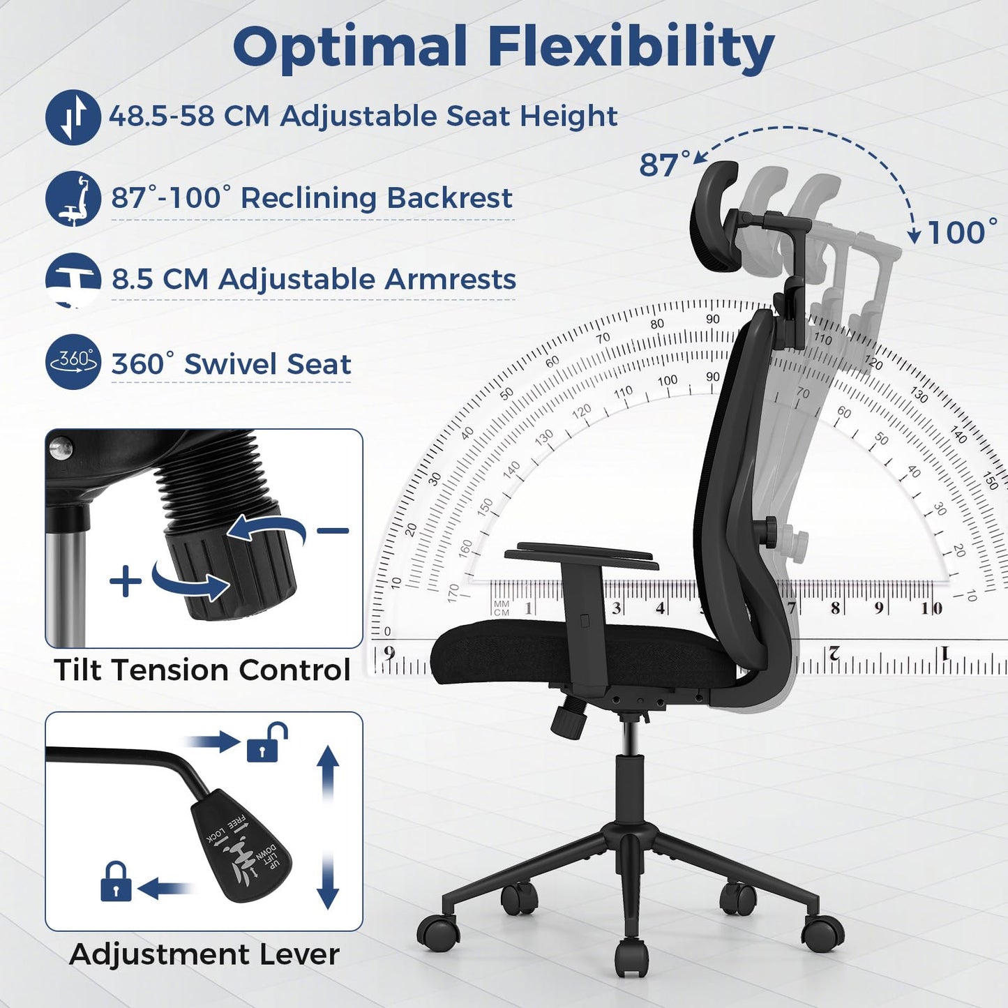 Ergonomic Office Chair with 3D Headrest and Adjustable Lumbar for Office