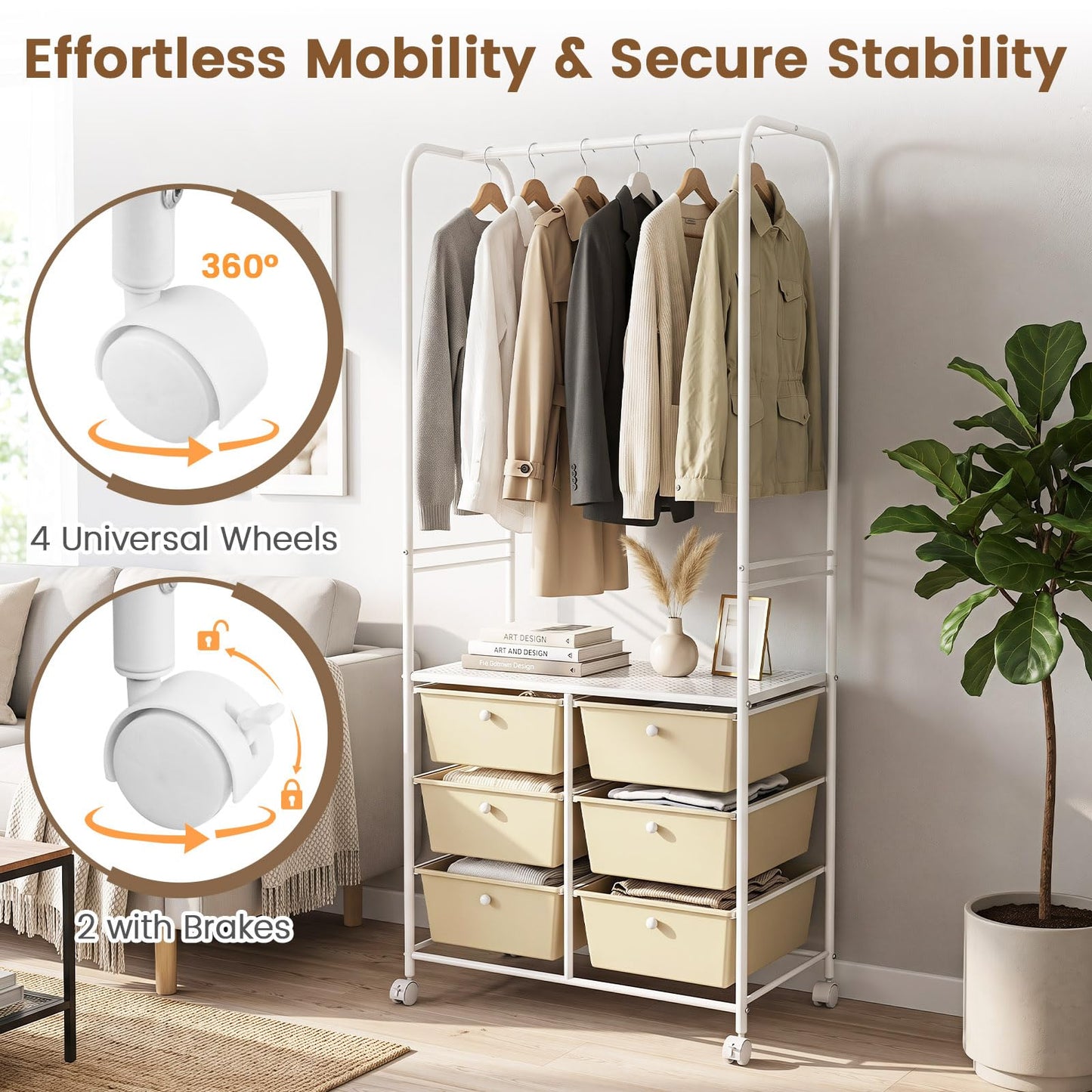 Clothes Rail on Wheels, Clothes Rack with 6 Drawers, Storage Shelf