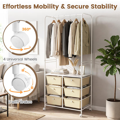 Clothes Rail on Wheels, Clothes Rack with 6 Drawers, Storage Shelf
