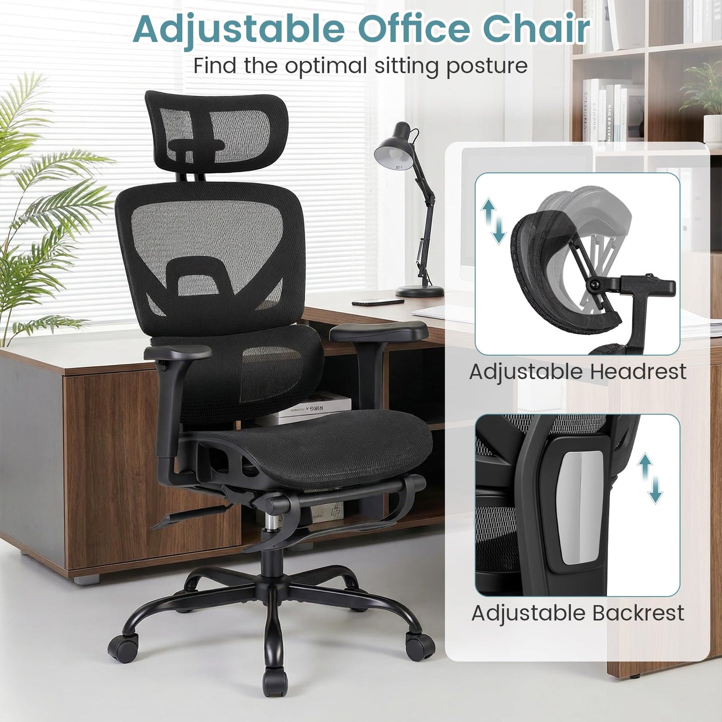 Mesh Office Chair with Footrest, Ergonomic High Back Swivel Computer Desk Chair