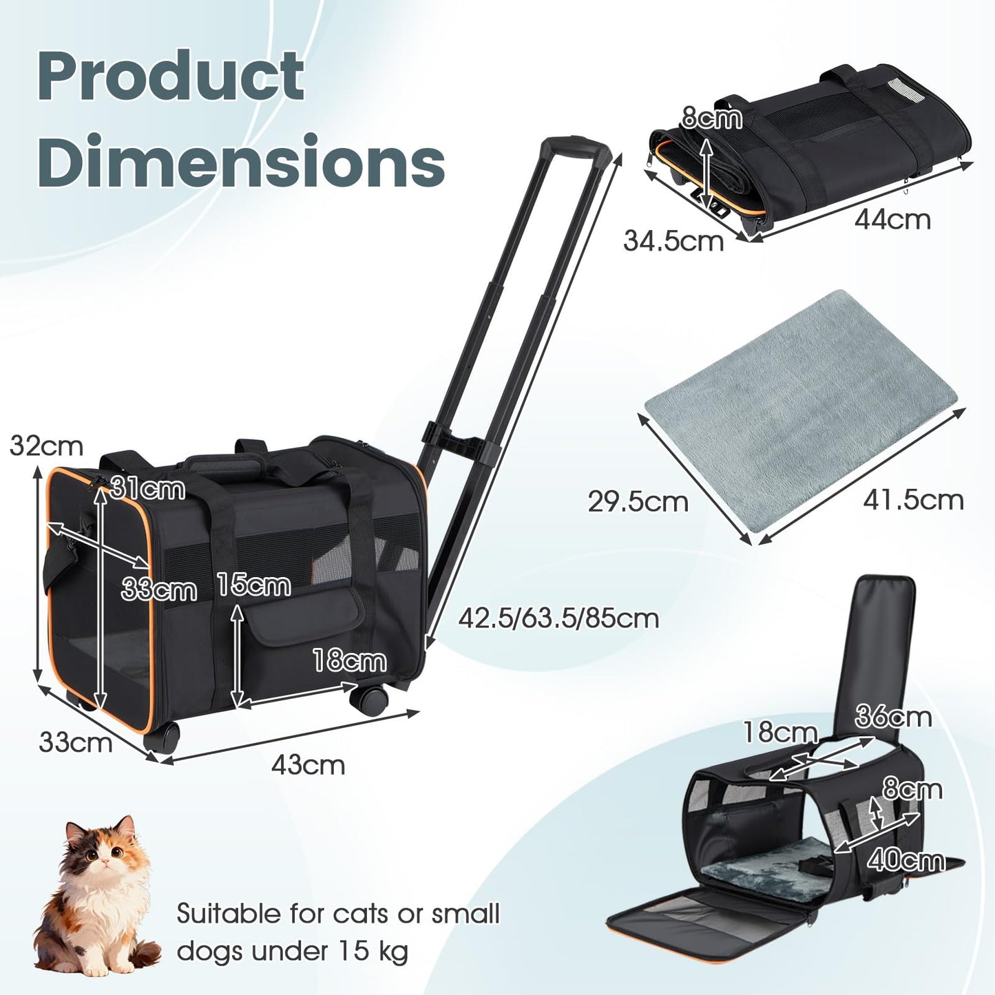 Rolling Pet Carrier with Telescopic Handle and Washable Pad for Dogs and Cats